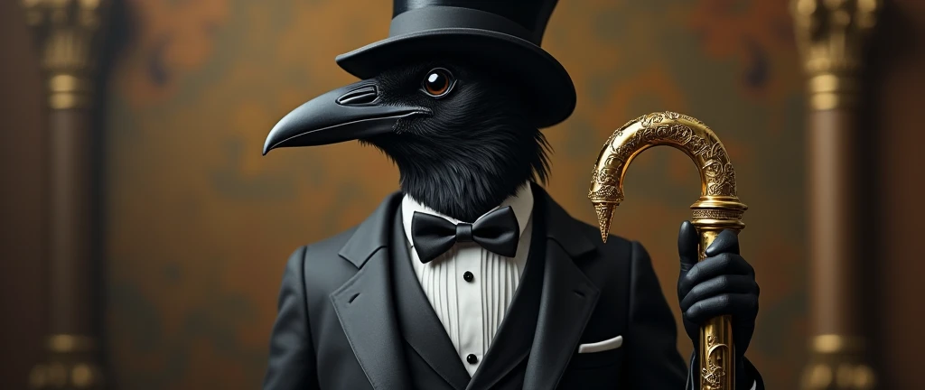 Crow wearing a suit and top hat with a golden cane 


