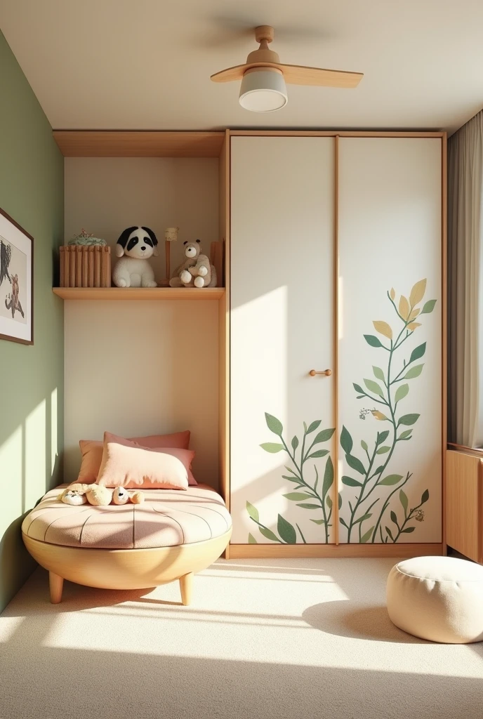 Professional 3d architecture rendering design of modern and light moss and so light Thunder and light cream and light orange wooden Modern and minimal design for chid bedroom and light cream carpet with animals painting and white painting wall and light wooden closet with animals painting and modern ceiling lighting and modern curtains for chid room and the child bed similar globe and safety chair for chid and safety closet
