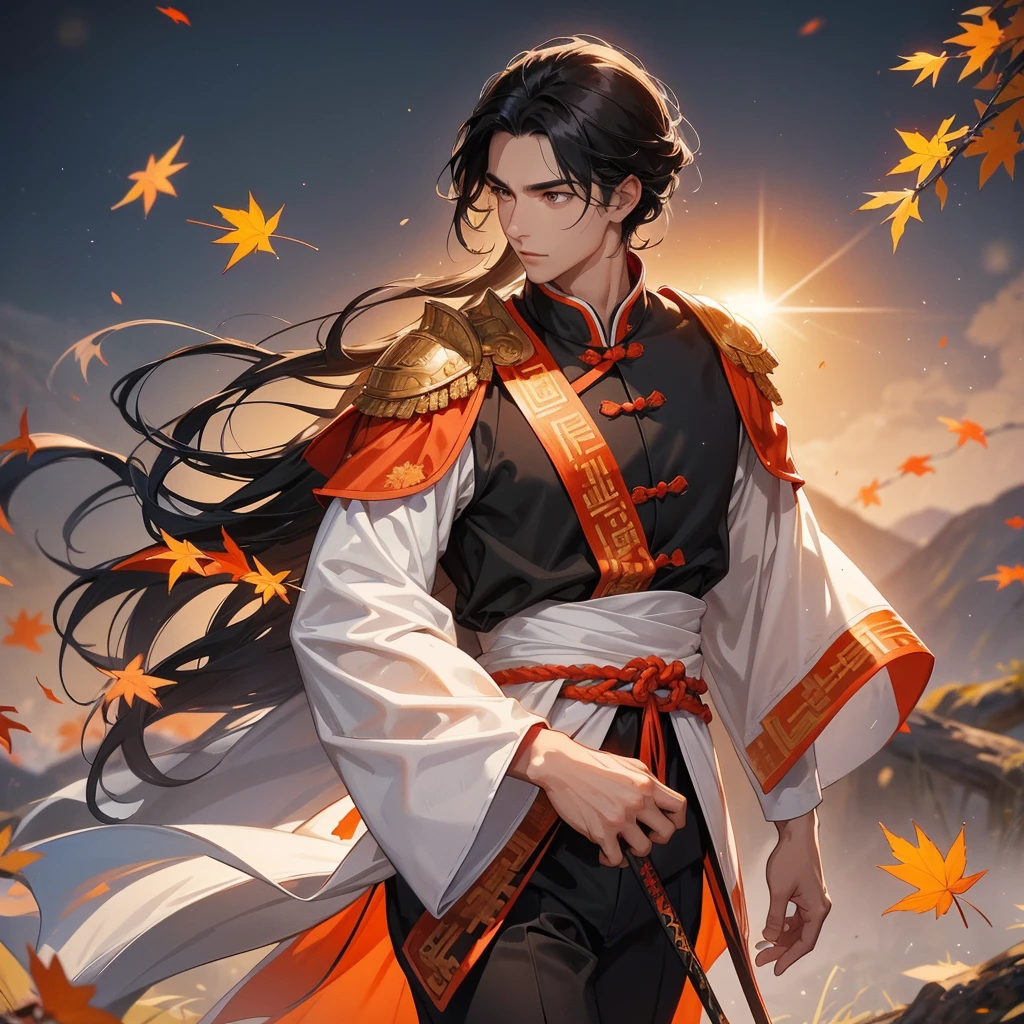 Handsome black-haired male general holding a large sword in white ancient Chinese general costume, walking In the middle of a spring mountain ,the backdrop is a mountain that turns orange-red in spring, and maple leaves fall from the trees.The sun shines and the sun rises, close up.