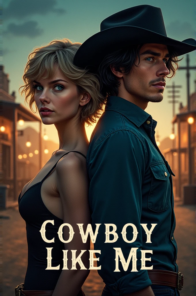 Taylor Swift’s song “cowboy like me” as a book cover. Write the title out. A man and a woman. She has short ash blonde hair and green eyes. He had black hair and blue eyes. They are back to back, looking at each other. She had a smirk in her face and he has a soft smile. Make the background like a western town, at night 
