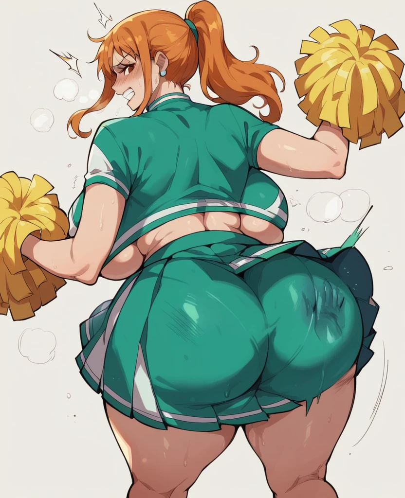 Ochako Uraraka from my Hero Academia wearing a cheerleader outfit with a very short slutty skirt showing her huge ass and has a hand mark as if it were a spanking on her huge ass while sucking a giant thick black penis 