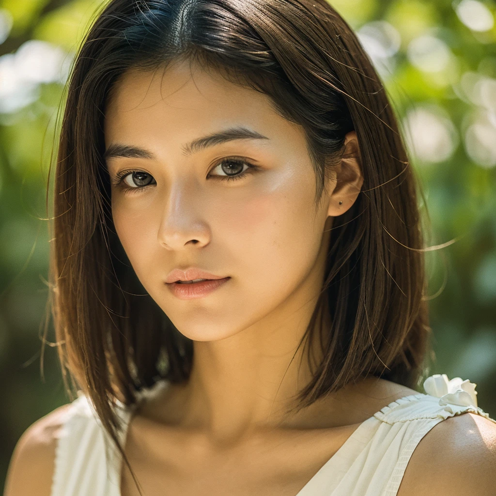 A hyper-realistic image of a single Japanese woman in her early 20s, captured with the nostalgic warmth and subtle graininess of a film camera. Her skin has a warm beige tone with a natural, slightly rough texture that includes visible pores, fine lines, and subtle imperfections such as small blemishes, adding to the authenticity of her appearance. The soft, diffused natural light enhances the film-like quality, casting gentle shadows that create a timeless, organic feel. Her straight, glossy black hair frames her face in a natural, slightly tousled manner, and her deep brown eyes reflect the ambient light, adding depth and emotion. The film camera effect introduces a slight grain and a softer focus, giving the image a warm, nostalgic atmosphere while maintaining the realistic texture of her skin. She is dressed simply, in a way that complements her natural beauty, with the overall composition designed to evoke a sense of genuine, understated elegance. The use of natural light, combined with the deliberately rougher texture of her skin and the film-like qualities, ensures that this image captures the imperfections that make her beauty truly lifelike, focusing solely on this one individual.