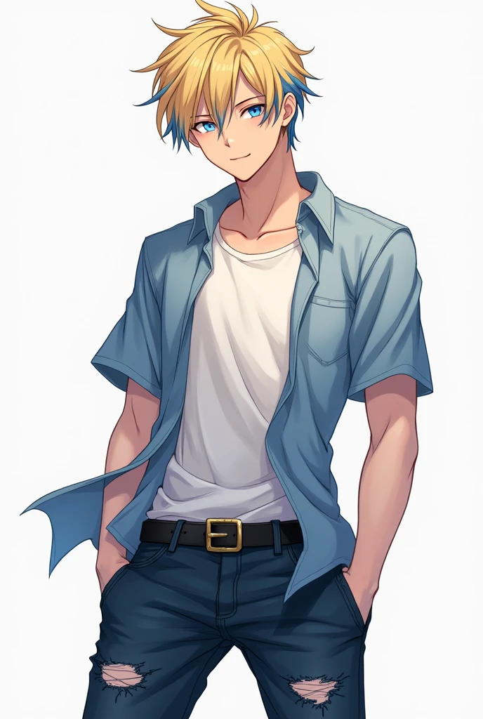 Anime man with medium short blonde hair with blue highlights and blue eyes wearing a buttoned T-shirt that is unbuttoned with ripped dark blue jeans with a black belt