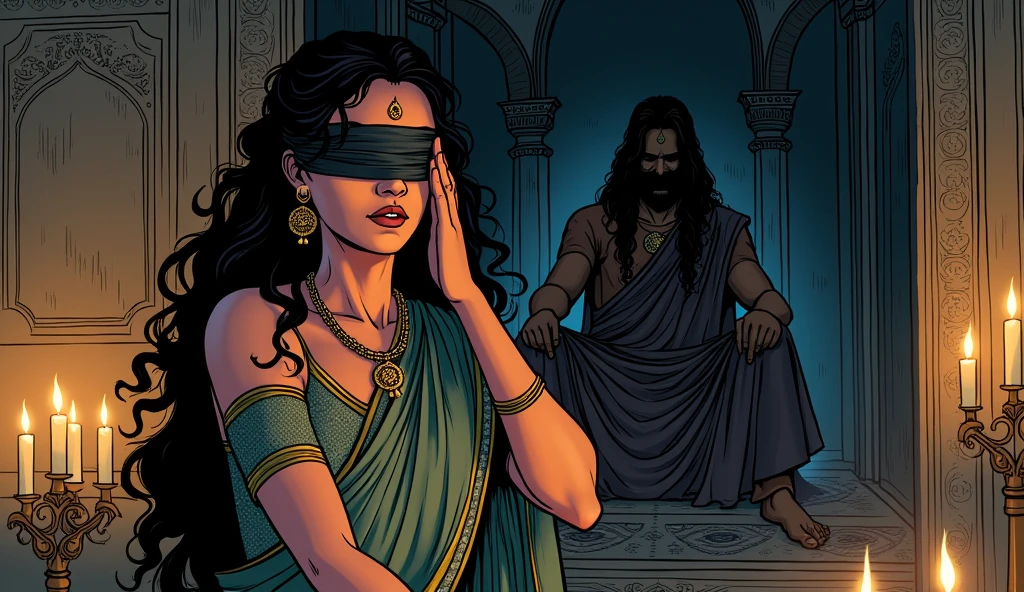 An ancient Indian palace interior, showing Gandhari with a blindfold over her eyes, wearing rich, traditional attire and jewelry. In the background, guards are seen imprisoning King Subala and his sons, including Shakuni, with a tense and dramatic atmosphere. The setting is detailed with ornate carvings and pillars, reflecting the grandeur and betrayal of the scene.in comic style 