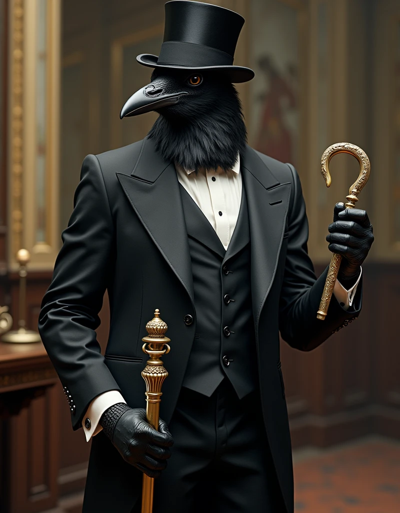 Crow wearing a suit and top hat with a golden cane