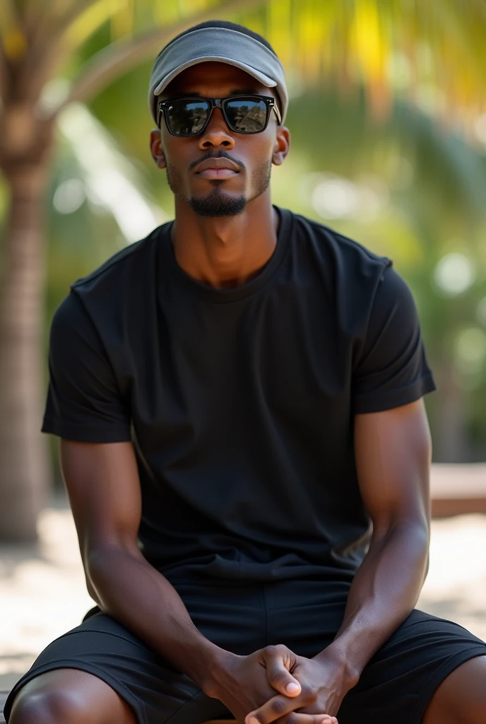 best qualityer:1.4), (ultra high resolution:1.2), (photorrealistic:1.4), (8k, CRU photo:1.2), a thin young man of 20 years old, skin black, with a smooth, beardless face, corte de cabelo buzzcut. He's wearing black beach shorts. He is wearing a black short-sleeved shirt. is sitting on a wooden bench. He has a thin build. He's wearing sunglasses. He has a thin build. Corte de cabelo buzzcut. He's wearing a gray visor. Corte de cabelo buzzcut
