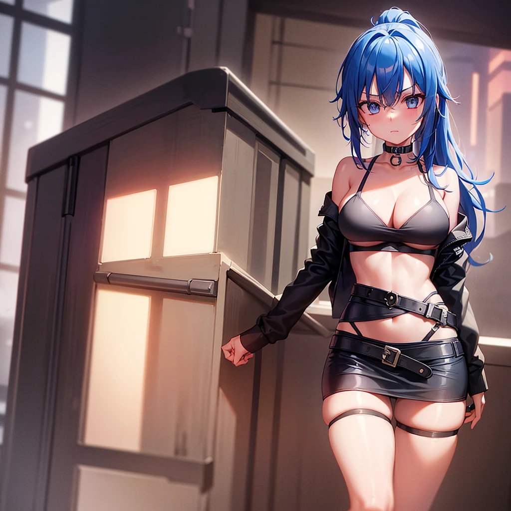 1girl, solo, long hair, breasts, looking at viewer, bangs, blue eyes, skirt, large breasts, thighhighs, long sleeves, navel, cleavage, hair between eyes, closed mouth, underwear, blue hair, standing, collarbone, panties, full body, ponytail, red hair, multicolored hair, boots, open clothes, shoes, choker, midriff, belt, black thighhighs, indoors, miniskirt, black skirt, stomach, black footwear, two-tone hair, streaked hair, coat, crop top, v-shaped eyebrows, thigh strap, ass visible through thighs, black choker, pantyshot, pencil skirt, black belt, open coat, black coat, taut clothes, tube top, with the word "Kali Linux" written on her outfit, servers and computers are visible in the background in a cyberpunk-style environment, featuring neon lights, futuristic buildings, and a high-tech urban atmosphere.
