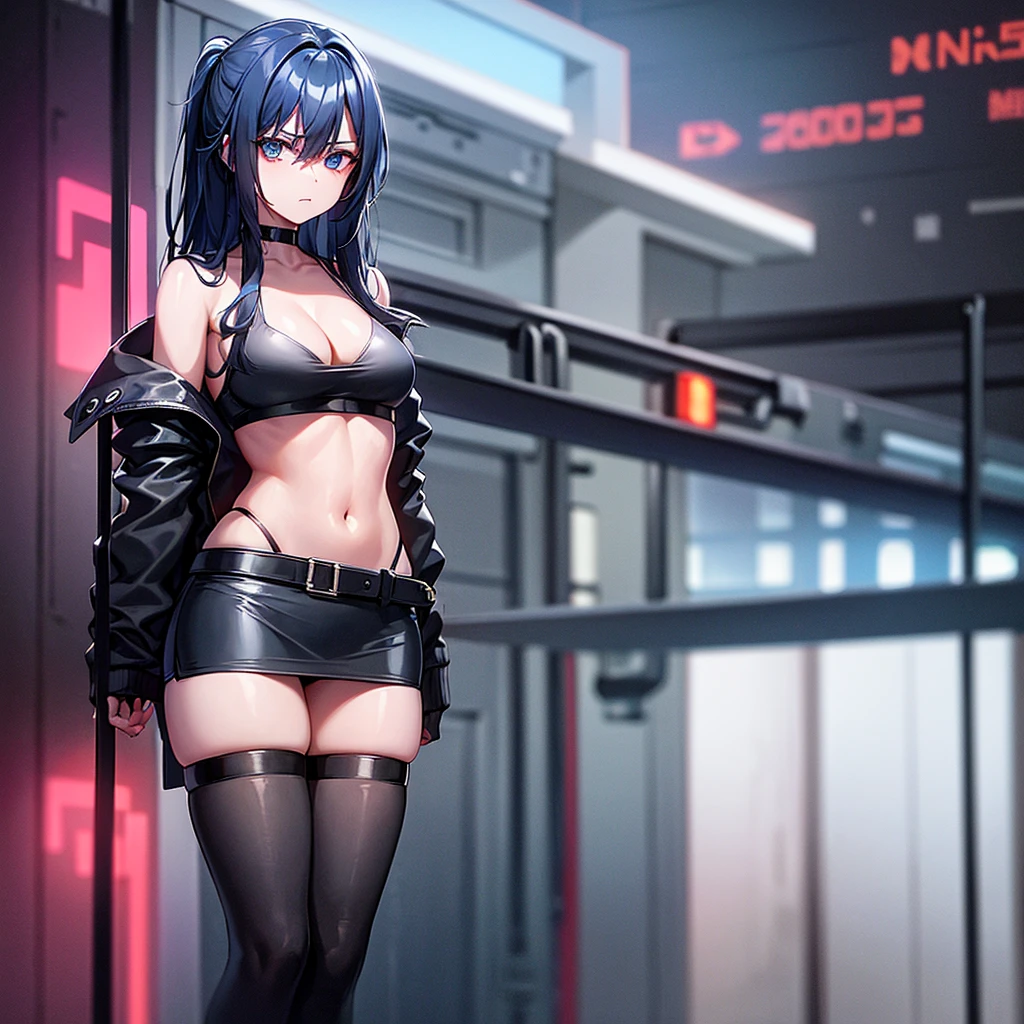 1girl, solo, long hair, breasts, looking at viewer, bangs, blue eyes, skirt, large breasts, thighhighs, long sleeves, navel, cleavage, hair between eyes, closed mouth, underwear, blue hair, standing, collarbone, panties, full body, ponytail, red hair, multicolored hair, boots, open clothes, shoes, choker, midriff, belt, black thighhighs, indoors, miniskirt, black skirt, stomach, black footwear, two-tone hair, streaked hair, coat, crop top, v-shaped eyebrows, thigh strap, ass visible through thighs, black choker, pantyshot, pencil skirt, black belt, open coat, black coat, taut clothes, tube top, with the word "Kali Linux" written on her outfit, servers and computers are visible in the background in a cyberpunk-style environment, featuring neon lights, futuristic buildings, and a high-tech urban atmosphere.