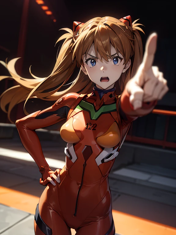 ultra-detailed, illustration, Beautiful Face, Beautiful body, ((souryuu asuka langley, interface headset, red bodysuit:1.4, Orange-brown hair)), glowing eyes, Sparkling Eyes, (beautiful and detailed eyes:1.1), whole body, (((Pointing at you with the index finger of right hand:1.4, Place the other hand on your hip, Attention gesture))), (Mouth open in a preachy tone:1.25), Leaning forward, vigorously, The background is NERV Headquarters, [[delicate fingers and hands:0.55]::0.85],(detail fingers), Toon Shader Rendering, photo with an 85mm camera, ((masterpiece, best quality, high resolution))