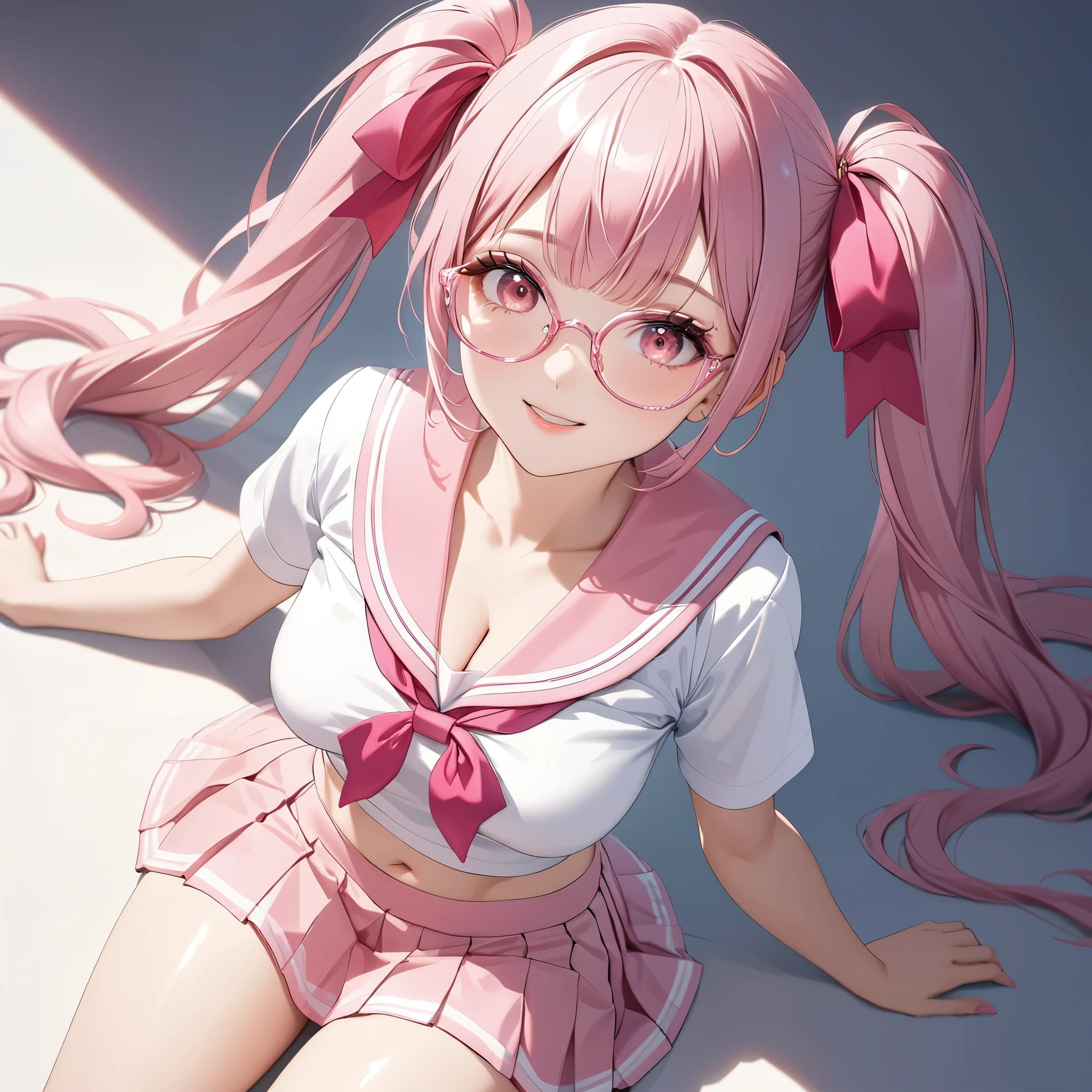 (8K, masutepiece, Best Quality, Official art, Breathtaking beauty and aesthetics, highly beautiful lighting, highly beautiful detailed), (1 Girl, Solo), (sixteen years old), (beautiful detailed face), (shiny white skin), (Beautiful big bust, cleavage, thighs, navel focus:1.3), (beautiful detailed pink twin tails hair, Bangs:1.3), (beautiful detailed drooping pink eyes:1.5), (pink glasses:1.3), (high school uniform:1.3), (patsel pink sailor collar, white short sleeves short length outing shirt, pastel pink pleated skirt, patsel pink ribbon:1.3), (happy smile:1.2), (Attractive, sensational, look at the camera, cute pose, lying, lie on her back, from above:1.3), (simple white plain background:1.5),