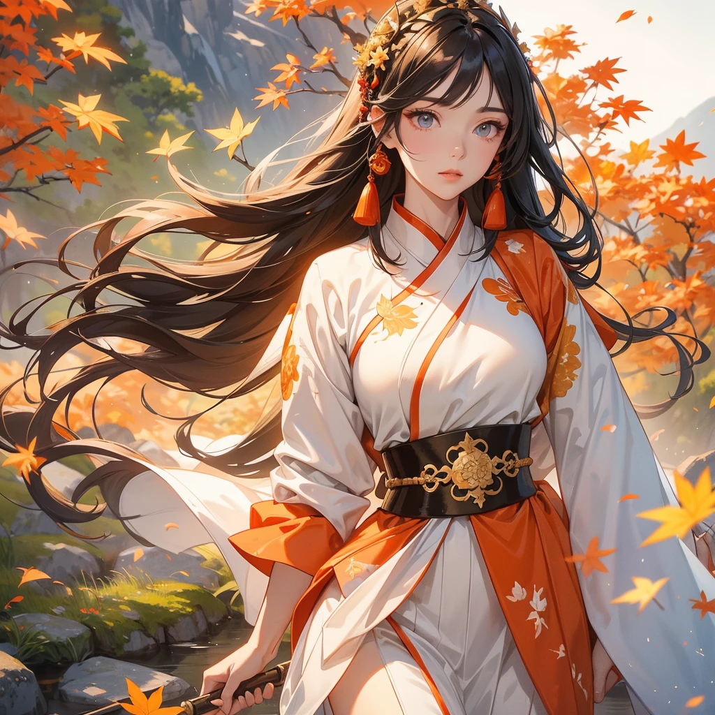 A beautiful female general holding a big spear in white ancient Chinese general costume, walking In the middle of a spring mountain ,the backdrop is a mountain that turns orange-red in spring, and maple leaves fall from the trees. The sun shines and the sun rises, close up.