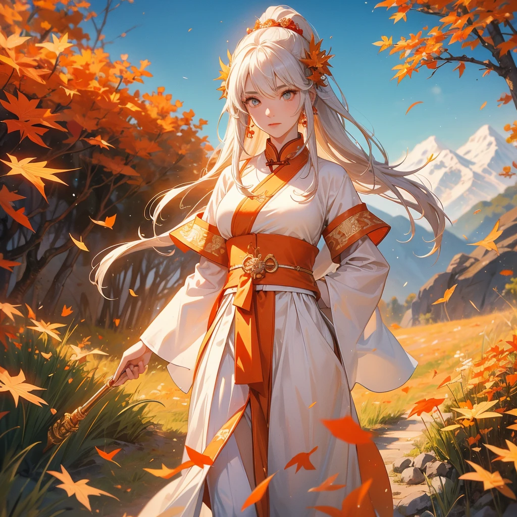 A beautiful female general holding a big spear in white ancient Chinese general costume, walking In the middle of a spring mountain ,the backdrop is a mountain that turns orange-red in spring, and maple leaves fall from the trees. The sun shines and the sun rises, close up.