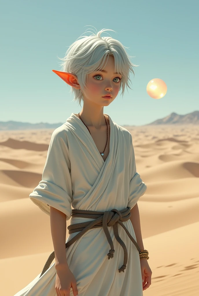 masterpiece, great, single, 1 person, male, youth, adolescent, dry, Thin, elf, silver hair, by the wide, gray pupils, floating light ball, white tunica, tunica, chill out, Detailed desert background