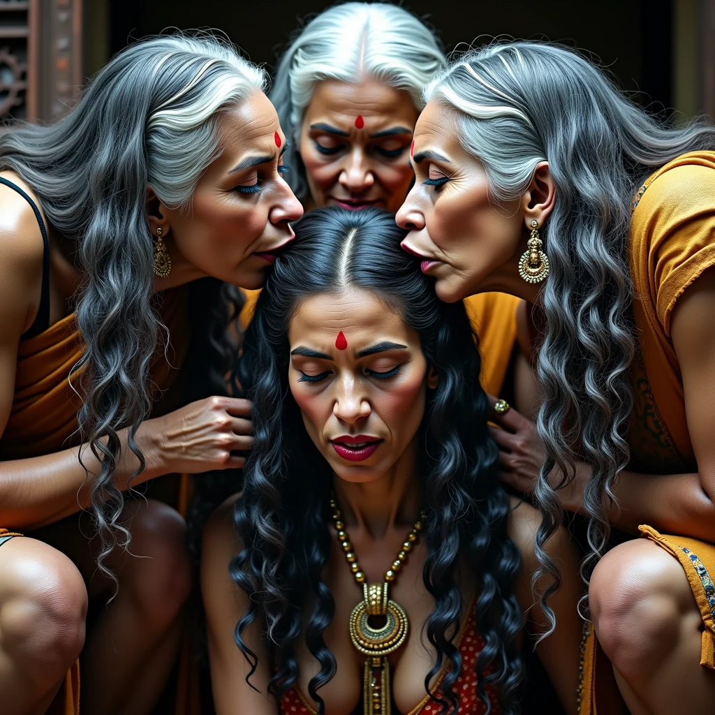 An unusual yet intriguing scene set within the sacred precincts of an ancient Indian Kali temple. Three eldery aged Indian ladies doing blowjob with bananas as in image as they are sex workers in eldery age,adorned in vibrant, traditional sarees, stand out against the dark, mystical backdrop. Their unnaturally colorfull hairs as in image,3C curly,reminiscent of coiled springs, draws the eye with its inexplicable sheen and high volume. Each strand seems to have been meticulously crafted by an unseen hand, coiled and coiled a million times over until it reaches a state of surreal perfection. The hair appears to have been showered and immersed with an unimaginable amount of oil, so much so that it resembles wet pulp, saturated and absorbing the light around them. The kneeled lady in the center, with her hair cascading down her back, is the focal point as her tresses shimmer and reflect like a sea of black mirrors. The other two ladies, their own hair equally as wet and oil-soaked, crawling upside down and crawling face to face lean over her from behind and kissing tongueing and licking with wet tongues. With a playful yet fervent expression, they begin to lick and kiss her scalp and lick her scalp of head with tongue, their movements seemingly driven by an unbridled passion. This act of intimate hair worship is both mesmerizing and slightly jarring, as their thick, curly locks, like dark waterfall of springs, bounce and sway with each tender caress. The scene is suffused with an air of strange ritual, as if the very essence of the divine is being invoked through the act of grooming and adoration. Each curl is a testament to the boundless creativity of nature, while the trio's shared experience speaks to a deep-rooted bond of sisterhood and the mysterious powers of feminine unity. The image captures a moment that is at once sensual, spiritual, and eerily beautiful, leaving the viewer to ponder the story behind this peculiar tableau.