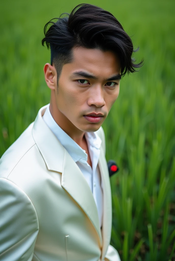 Handsome Indonesian young man stares intently at the camera in close up, wearing a white satin suite with the words "TRENDY KONTER", kicking in the air on the pitch of thick, clear green grass without any noise.
