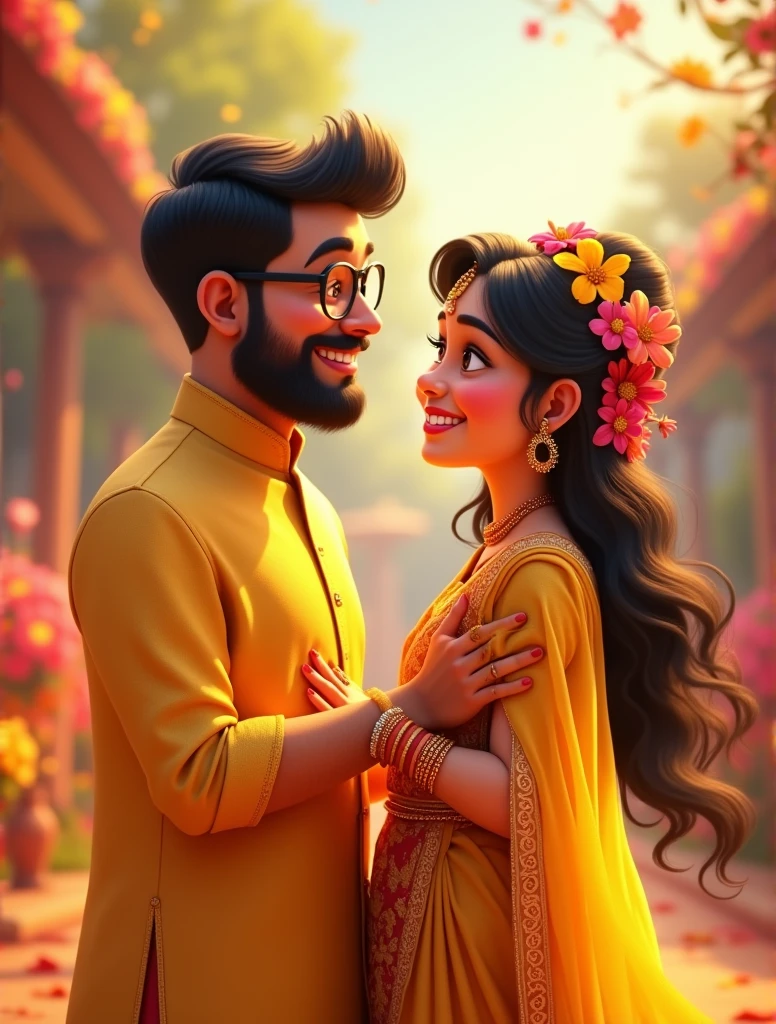 I want a pixar style image of a couple. The groom is wearing a yellow kurta and the bride is wearing a yellow lehenga with open hair and flowers on the hair. They are applying turmeric to each other. They are in love. The bride is chubby and fair and has a dimple. The groom is slightly wheatish in complexion and has frameless spectacles. They are in Love and very happy. Keep the spectacles framless. Make them cute and celebratory and make beard on the groom, small one