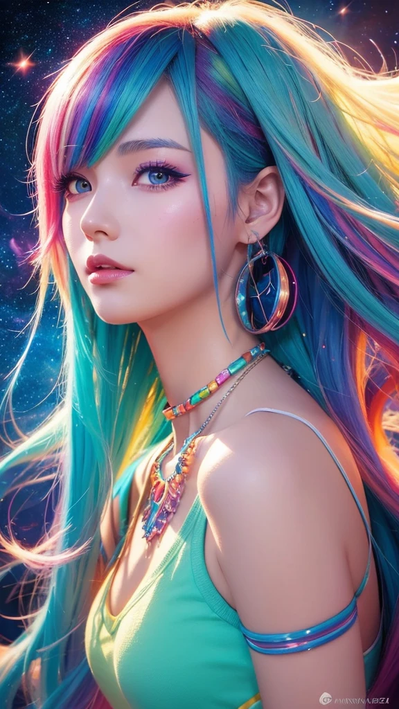 a close up of a woman with colorful hair and a necklace, Space-like hair anime, rossdraws pastel vivid, artwork in the style of Gwaiz, Fantasy art style, colorful]”, Vivid fantasy style, rossdraws cartoon vibrant, cosmic and colorful, Gwaiz, colorfull digital fantasy art, Great art style, Beautiful anime style