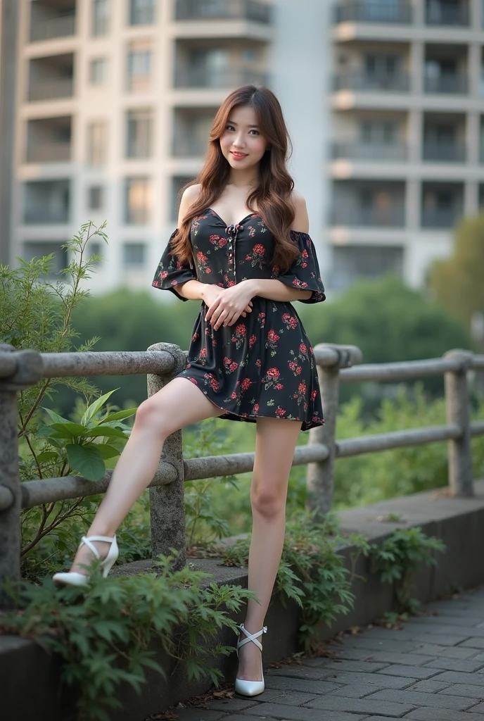 A beautiful asian and young girl.Her facial features are exquisite and fully conform to the golden ratio of human anatomy...Her long,waving long brown hair, medium breasts, huge chest, fat body, beautiful scenery, big breasts, big, big , busty , Medium breast, big , wearing a sexy poofy shoulder peach print mini dress, sexy pose , medium breasts , medium breasts, huge , full body shot, thick body, stilettos pump white heels straps, beautiful smile , leaning back on the wall