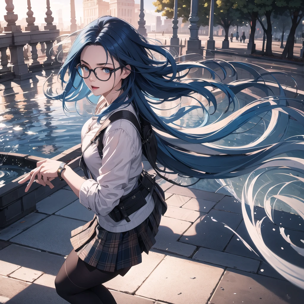 1 woman, long blue hair, glasses, surprised expression, (flying in the wind), holding down skirt, overhead view, fountain in park, best quality, 4k, 8k, highres, masterpiece:1.2, ultra-detailed, realistic, photorealistic, photo-realistic:1.37, HDR, UHD, studio lighting, ultra-fine painting, sharp focus, physically-based rendering, extreme detail description, professional, vivid colors, bokeh, portrait, strong wind