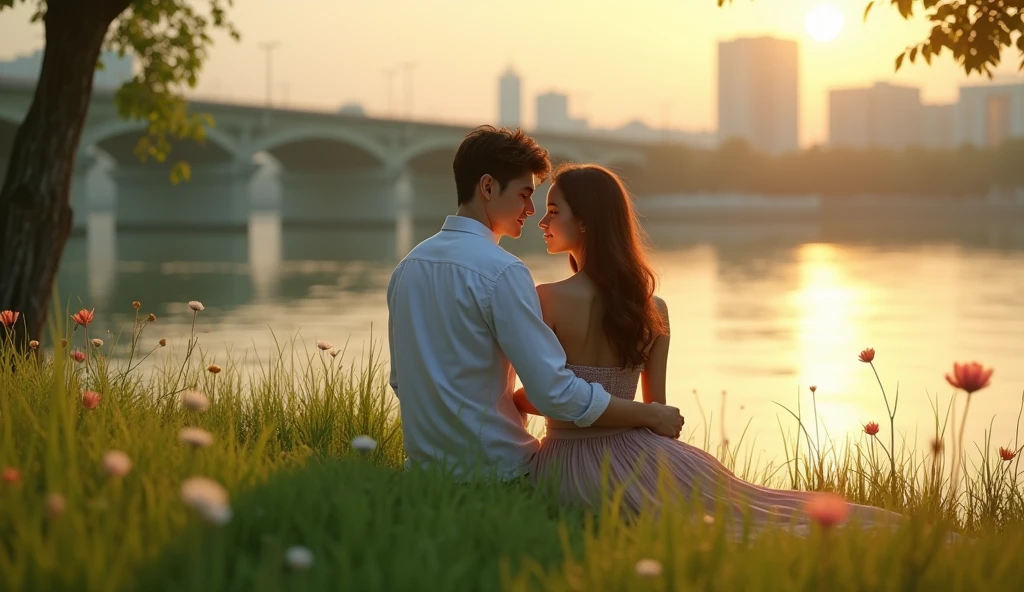 a beautiful young couple, man wearing white shirt, woman wearing skirt, sitting on high grass bank overlooking city river, detailed facial features, romantic atmosphere, warm lighting, vibrant colors, photorealistic, masterpiece, highly detailed, cinematic lighting, dramatic composition, hyper realistic, 8k, high resolution, best quality