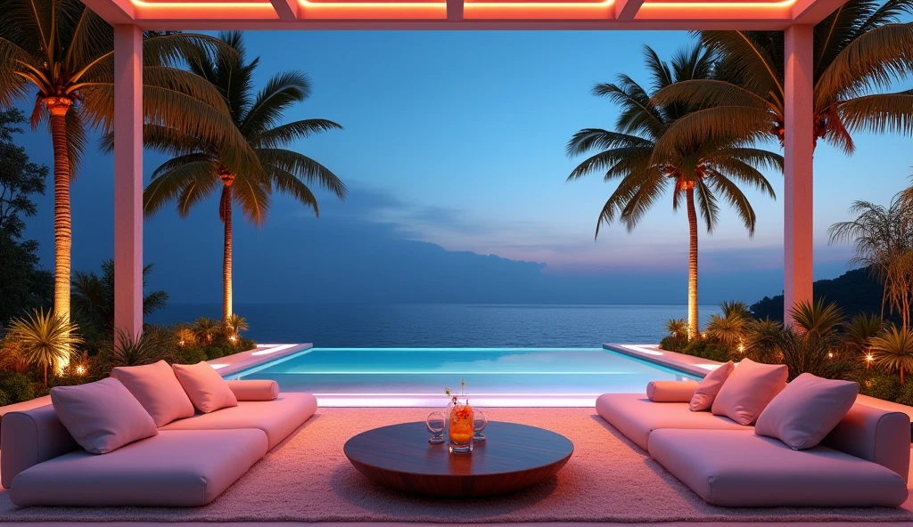 A stunning 3D rendering of a luxurious paradise-like environment, Capturing the essence of luxury, natural beauty and realism. This view is、The view can be enjoyed from a gorgeous terrace, decorated with plush cushions and modern lighting that exude warmth and elegance.。. In the center is a small table with cocktails on it.. background, A clear night on a calm sea, Gives swaying palm trees a bright tone. The overall atmosphere is cinematic and modern., Gives a sense of elegance and sophistication., photograph, fashion, Vibrant colors、Cinematic, 3D Rendering