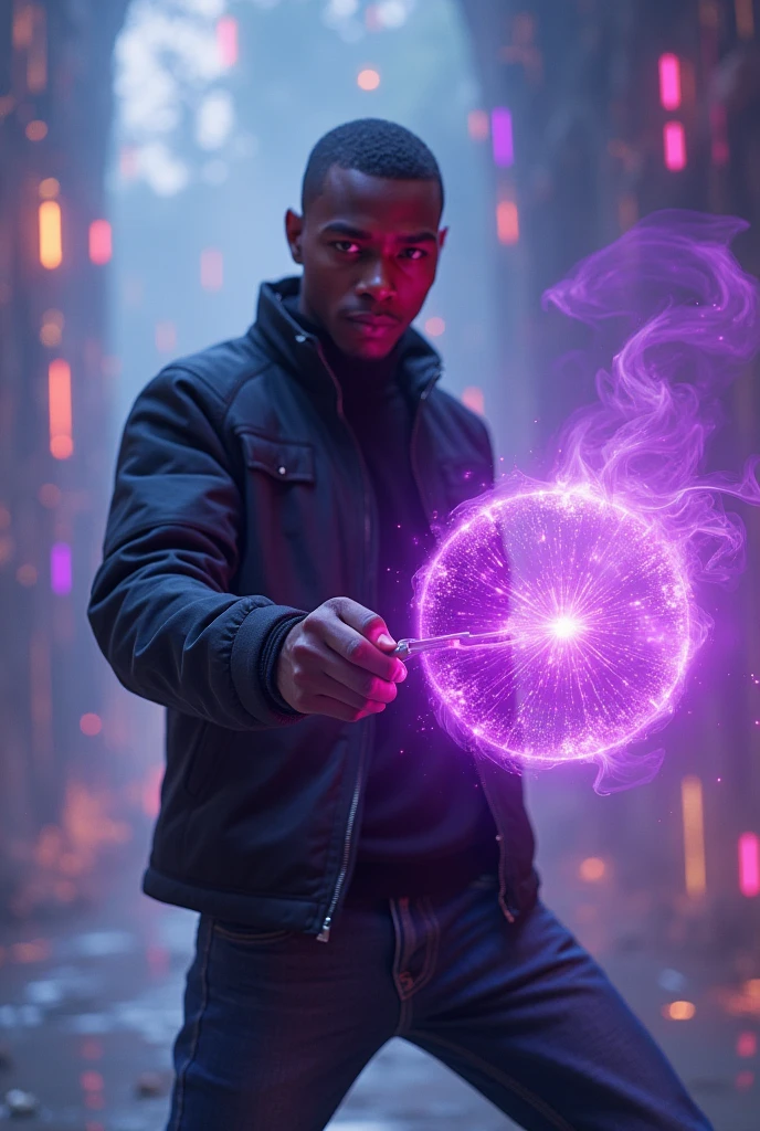 (prismatic coloration, holographic environment) A short young African-American man with a deep, rich brown skin tone. He has a buzz-cut haircut & is wearing wearing A Black Jacket & dark blue Jeans. He has calm Purple eyes and a Gentle smile. He is standing in a battle ready stance wielding an deep purple & Black energy bubble made of Void