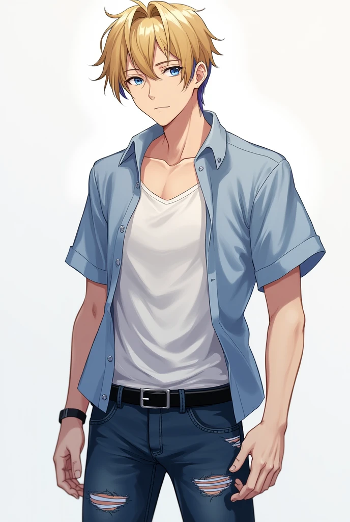 Anime man with medium short blonde hair with blue highlights and blue eyes wearing a buttoned T-shirt that is unbuttoned with ripped dark blue jeans with a black belt 