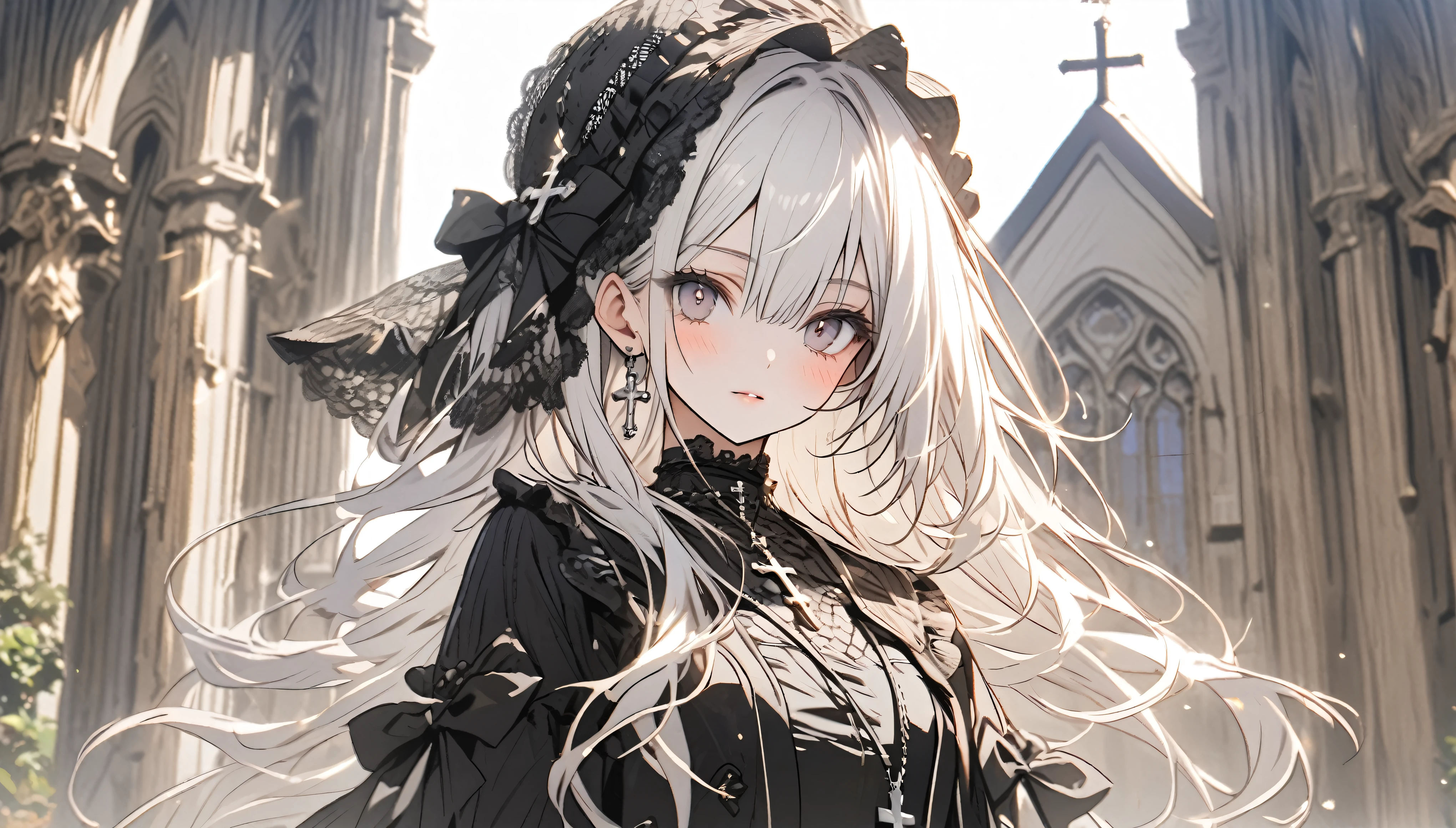 Beautiful girl with white hair,Black Lolita,Tulle lace hat,cross pendant,Standing in front of the church garden
