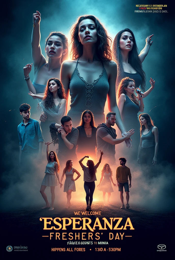 Create a poster for freshers day its name is “ Esperanza”. Which should include dance , song, ramp walk , mini concert. It should be dark theme and date will be on September 10. Timing should be in 10:30 am to 5:30 pm. Give a stuff like. ”We welcome u all”
