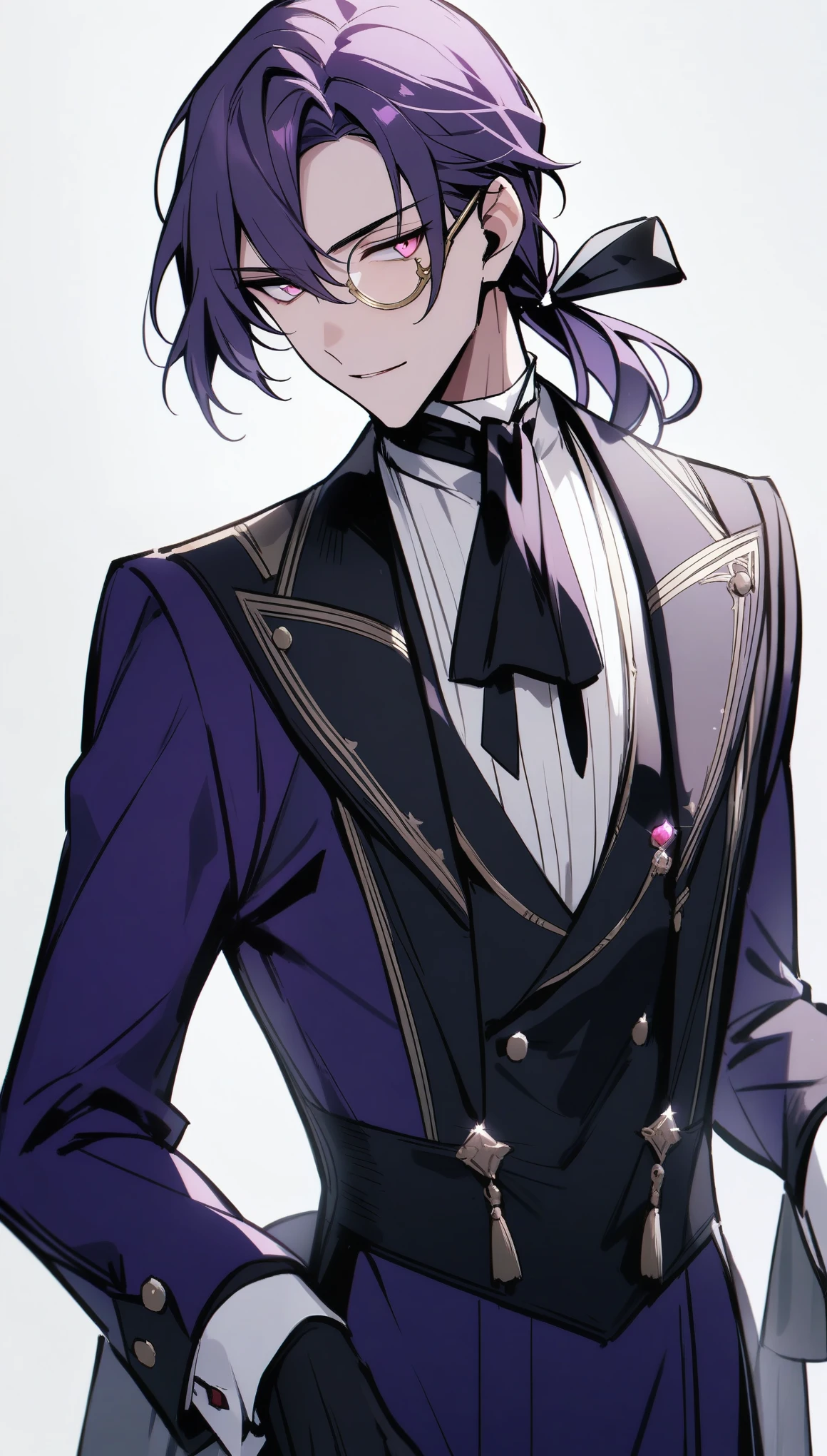 {{masterpiece}}, The best quality of life, 、good looking, alone, 1 male, Dark purple hair、Medium Hair, Low Ponytail、((Perfect pink eyes)))((White background))、(((Butler服、Butler、Monocle))、Gentle expression、Cowboy Shot
