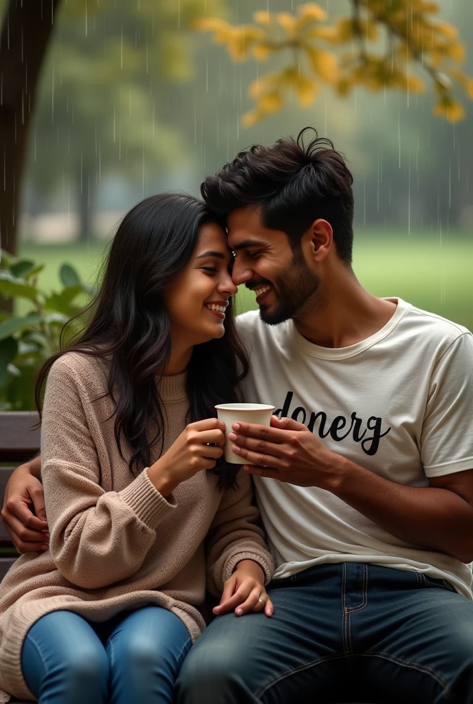 Prayanshi (24) and Abhishek (25), huddled together on a park bench, sharing a hot cup of chai as the rain patters on the leaves overhead. Their faces are alight with laughter and affection, creating a cozy, intimate scene. prayanshi's sweater has "prayanshi" name written into the fabric in a delicate pattern, and Abhishek t-shirt "Abhishek" name written in bold, stylized lettering. Produce a hyper realistic photograph of this moment.