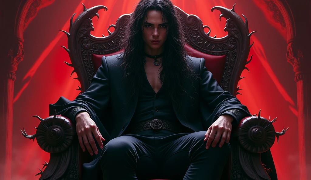 RAW Photos,black light, dark hair , rhysand, sarcastic brunette, dark surroundings, Dark masterpiece, homem fair brown-skinned, sitting in a throne, throne with thorns, black roses, man black clothes black, posing photo, black witchcraft, red geometric shiny background, full body size, Eastern fantasy theme, Eyes red, underworld, cold stare, Dark clothes, long and tight, fair brown-skinned, color classification, dark illustration, extreme quality, Radiant, extremely detaild, Face ultra detailed, ultra hd 8k, ultradigitality, mythical, black lightning, Conceital Art Portrait of Greg Rutkowski, artgerm, hyperdetailed, intricately detailed Gothic art, dark gothic fantasy style, triadic colors, Fantastic, intricate-detail, opening screen, colors complementary, fantasy concept art, 8K resolution, masterpiece of gothic deviantart, Heavy strokes, soft lighting, Surrealism