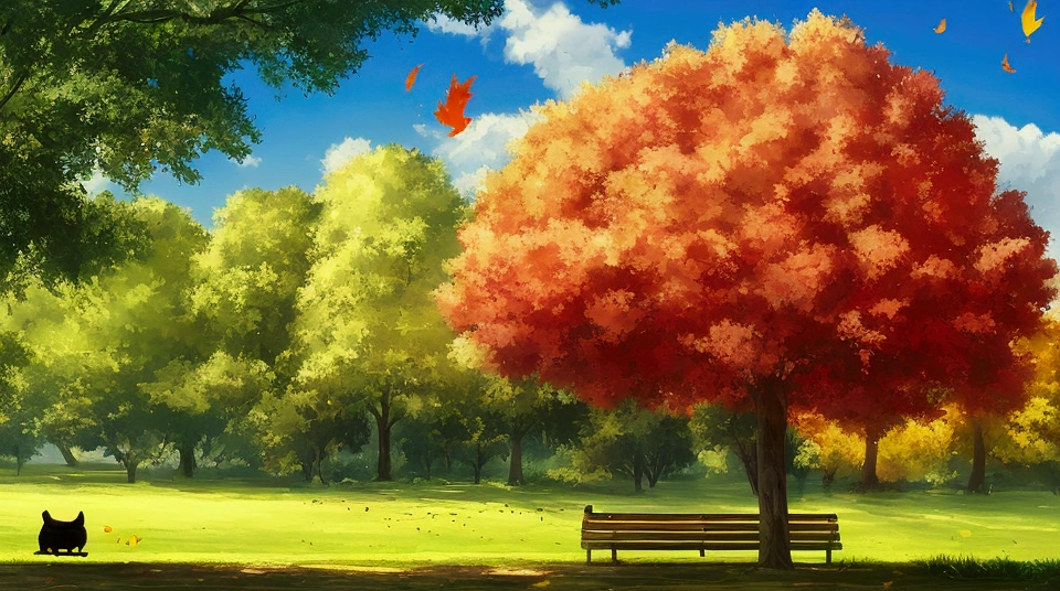 a cat sits on a bench in the park, Evening atmosphere, trees,low grass, nice clouds,a few birds in the air, also leaves fall from trees