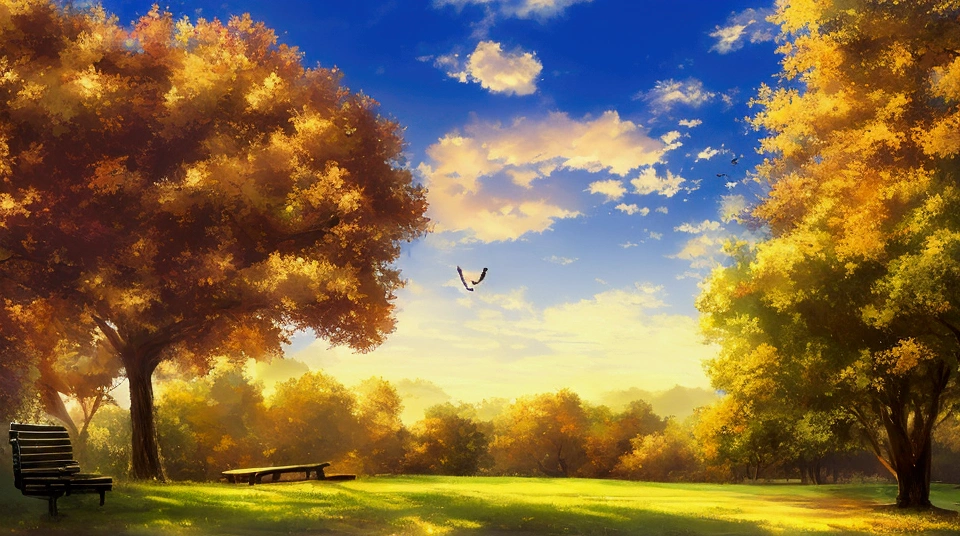 a cat sits on a bench in the park, Evening atmosphere, trees,low grass, nice clouds,a few birds in the air, also leaves fall from trees