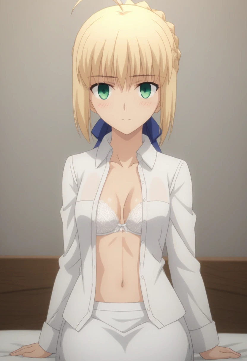score_9, score_8_up, score_7_up, source_anime, rating_safe, intricate details, anime screencap, official style, looking at viewer, , ,
1girl, saber \(fate\), blonde hair, green eyes, ahoge, hair between eyes, braid hair, hair bow, solo, (Striped Glitter,Seraphic ,Hexagram ,Supersolid,Quantum entanglement,Self-healing Concrete,Acrylic Convection,Vibration,Mesmerizing,Enigmatic,Dodecahedron magic:1.0), fsn_ubw_style, alone, Dutch Angle, View your viewers, white full open shirt ,Cowboy Shot,, in beautiful bed, bed room , (white lace panties), blush, small breast, white lace bra, sitting