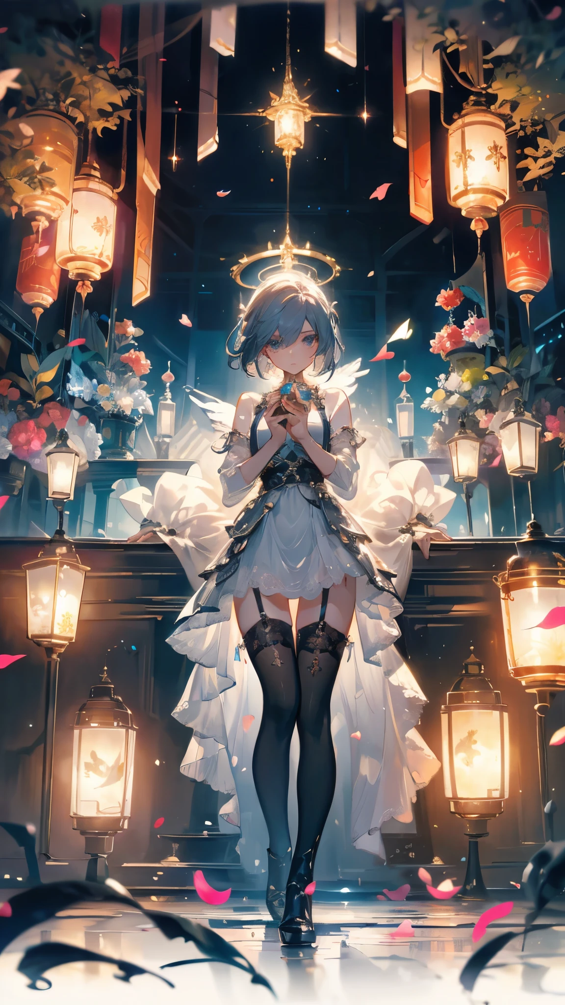 ((masterpiece, best quality)), Epic battlefield atmosphere,Angel,Royal sister,Halo,A display of fireworks and a sea of lanterns,Silver Bell Ice Heart,Magician,Petals falling,A meticulous face,Standing image,Perfect body proportions,Long legs,Stylish short hair,beautiful eyes,Fantasy style,White background,transparent,Sexy,Lace,Suspender mesh stockings
