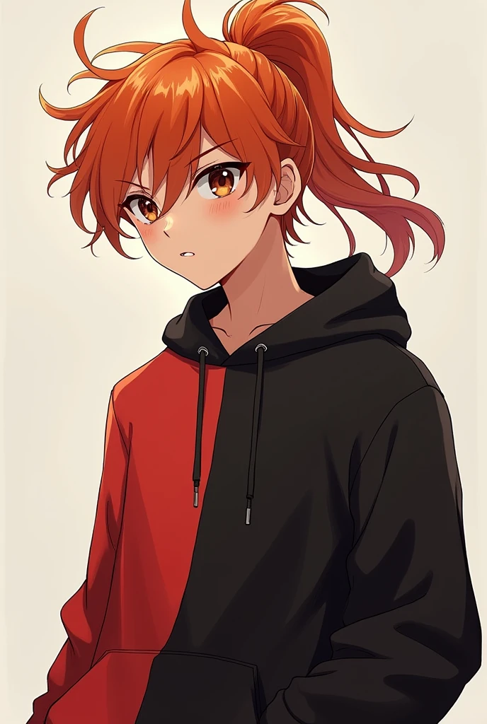 1 boy with a half black half red sweatshirt, Brown eyes and long orange-brown hair with red streaks tied in a ponytail and a robust body 