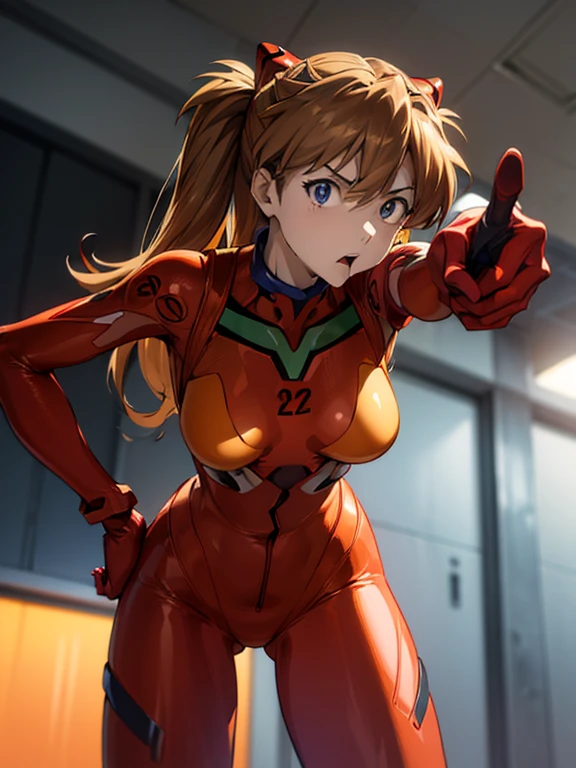 ultra-detailed, illustration, Beautiful Face, Beautiful body, ((souryuu asuka langley, interface headset, red bodysuit:1.4, Orange-brown hair)), glowing eyes, Sparkling Eyes, (beautiful and detailed eyes:1.1), whole body, (((Pointing at you with the index finger of right hand:1.4, Place the other hand on your hip, Attention gesture))), (Mouth open in a preachy tone:1.25), Leaning forward, vigorously, The background is NERV Headquarters, [[delicate fingers and hands:0.55]::0.85],(detail fingers), Toon Shader Rendering, photo with an 85mm camera, ((masterpiece, best quality, high resolution))