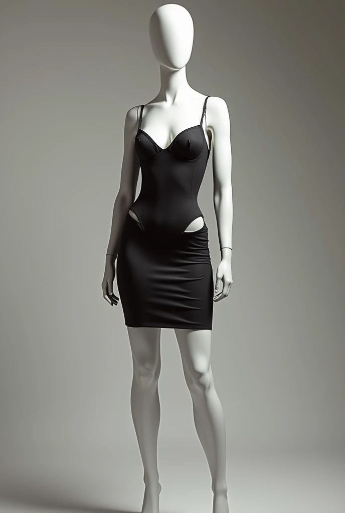 (masterpiece) (detailed)
Make an image of a mannequin wearing bodycon(short one piece bodycon)  thigh shown cut out 
Make the bodycon dress from neck to feet cleavage shown don't focus on girl just from neck to feet and cleavage shown make it sexy
