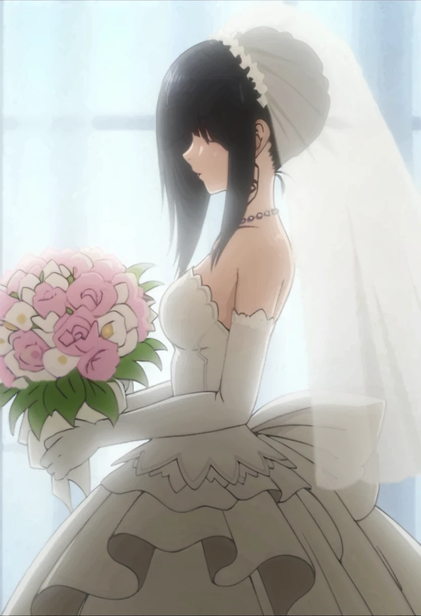 tokisaki kurumi,((masterpiece)),(((best quality))),((ultra-detailed)),((illustration)),((disheveled hair)),((frills)),(1 girl),(solo),
1girl, bouquet, bridal veil, curtains, dress, elbow gloves, flower, gloves, solo, veil, wedding dress,profile,from side,full shot,Rating:safe,