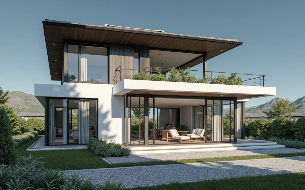 chef-d'œuvre, (photoréaliste : 1,2), meilleure qualité, haute résolution, extérieur, architecture de maison de jardin, maison entièrement fonctionnelle, architecture de toit japonaise moderne, toit de style japonais, toit japonais, mur blanc, fenêtre en verre, route de circulation, ciel bleu, super réaliste style d'affichage détaillé, 32 000 uhd, faible angle, structure composite, pile/pile, conception de page créative, lumière du jour, rendu (Vray : 1.1)