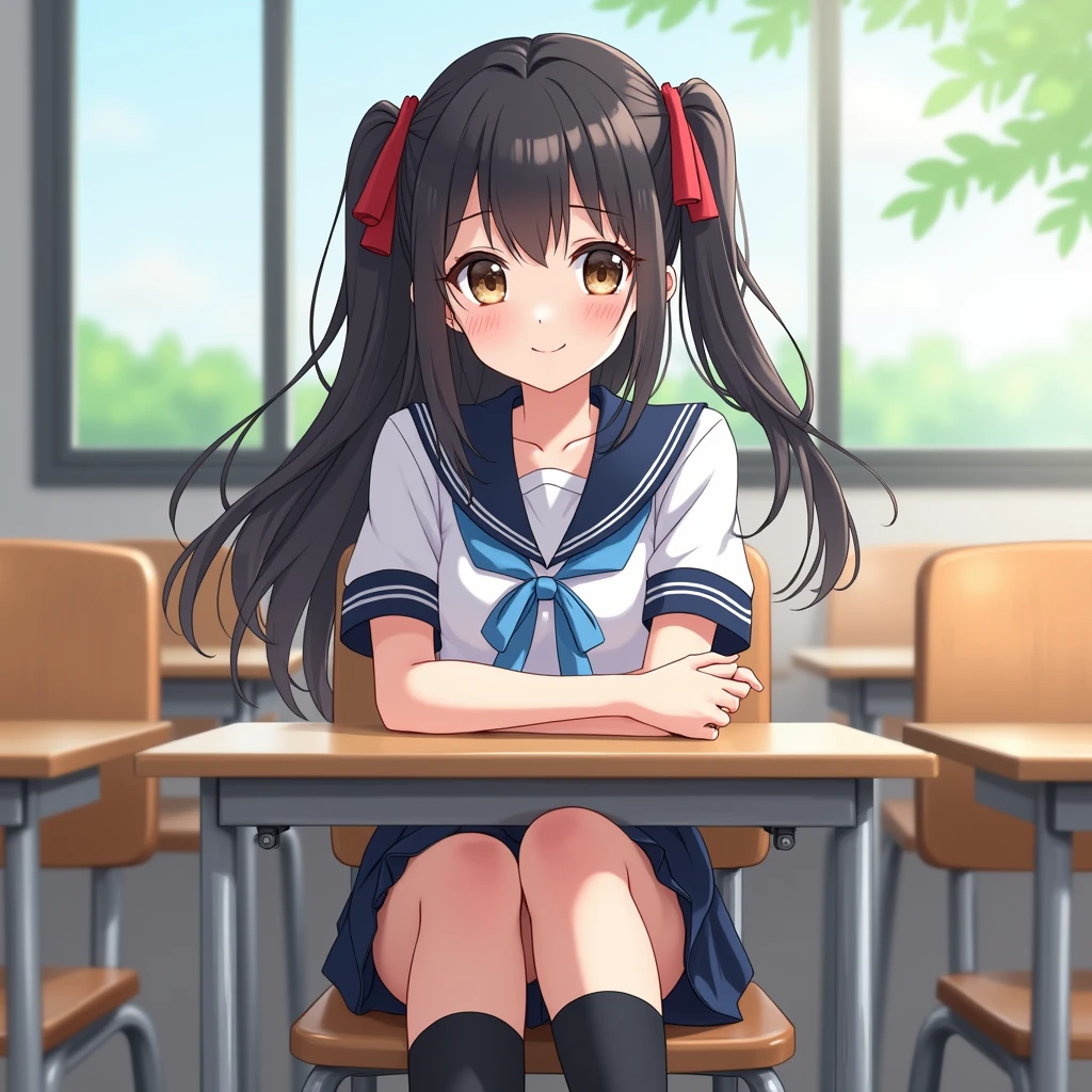 anime style,
1girl, yo, opposite facing chairs, sitting backwards, put own arms on back of chair, smile,
white school uniform, serafuku, short sleeve, navy-blue sailor collar with blue ribbon,
navy-blue skirt, skirt up,
black high socks, small chest, summer uniform, uwabaki,
red ribbon low twintails and black very long hair,
dark brown eye,
classroom, indoors, school chair, school desk,
school,
from front, upper body, from slightly above,
day, summer, high quality, ultra detailed, masterpiece, super detail, highres, anatomically correct, UHD