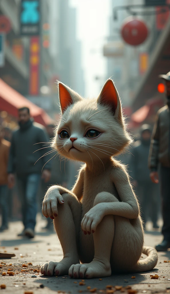 humanoid cat sitting crying in a crowded place