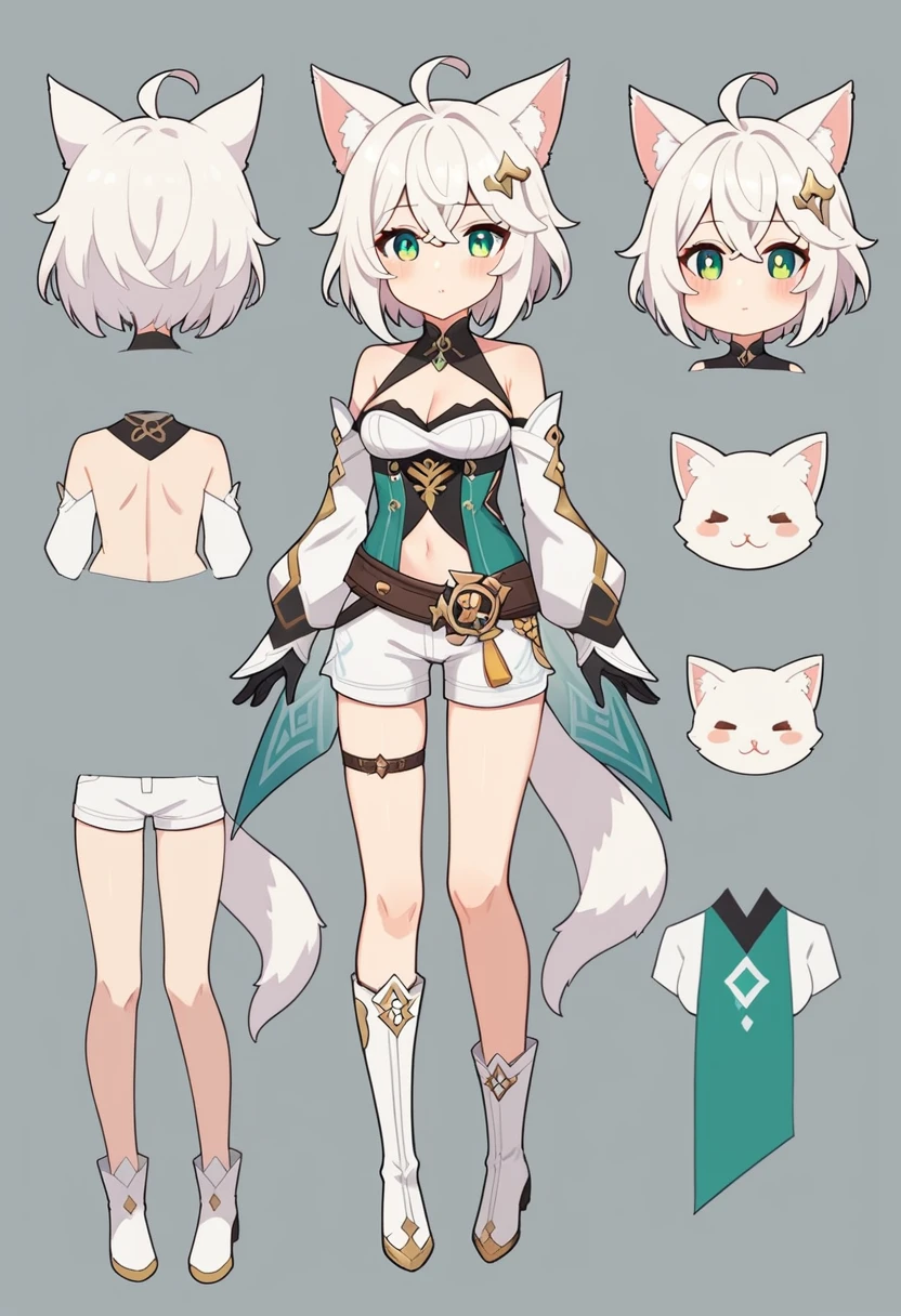 high quality, Detailed, NPC, Character Sheet, vector, eye,one frame, body, one naked,White Background, Reference Sheet, Beautiful face、Reference Sheet,Triangular diagram,1girl, Nice girl , ahoge, animal ear fluff, animal ears, asymmetrical legwear, bangs, belt, blush, boots, breasts, chibi, cleavage, full body, gloves, green eyes, hair ornament, long sleeves, short hair, short shorts, shorts, single thighhigh, solo, standing, tail, thighhighs, thighhighs under boots, virtual youtuber, white background, white footwear, white hair, white shorts, cuteGenshin,separate white sleeves,bare shoulders , bare belly , completely white clothes , tail,Innocent girl, young girl ,White and green clothes ,a mineral but slender body