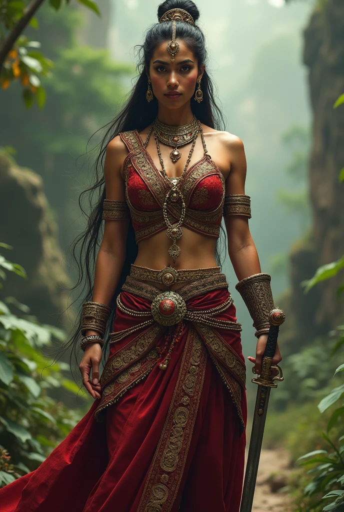 creates an image of the Peruvian singer Tigresa del Oriente dressed as a swordsman 