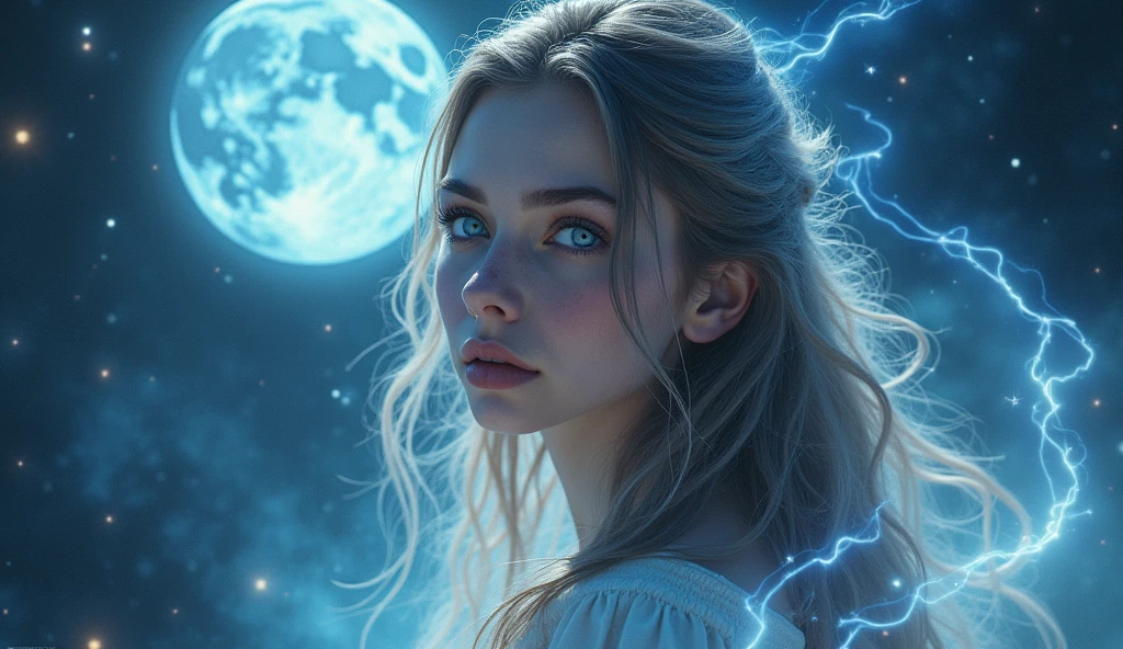 A powerful and captivating image representing astrological themes with a mystical atmosphere. The image features a prominent depiction of Jupiter, glowing brightly against a cosmic background of light blue, white, and black, filled with stars and swirling nebulas. In the foreground, a woman with long flowing hair is shown from the waist up, facing directly forward with a soft, inviting expression. Her striking light blue eyes gaze straight ahead, creating a direct connection with the viewer. She is partially illuminated by cosmic light, blending with the energy of the scene. The Gemini zodiac symbol is subtly intertwined with rays of light or energy around her. The overall composition evokes a sense of wonder, aligning with the theme of a significant astrological event.