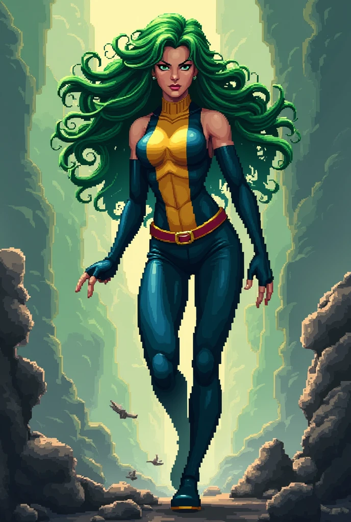 16 bit pixel art, Capcom style, xmen female character, green hair, 64 color shading, delete the background, background white 