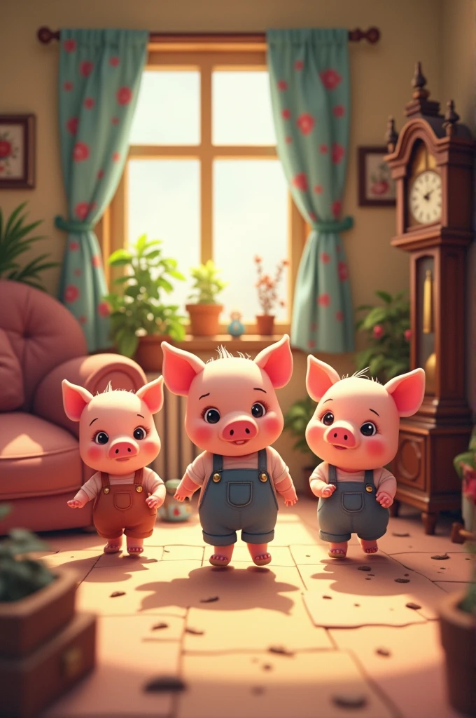 Three little pigs are walking around my house and looking for their mother