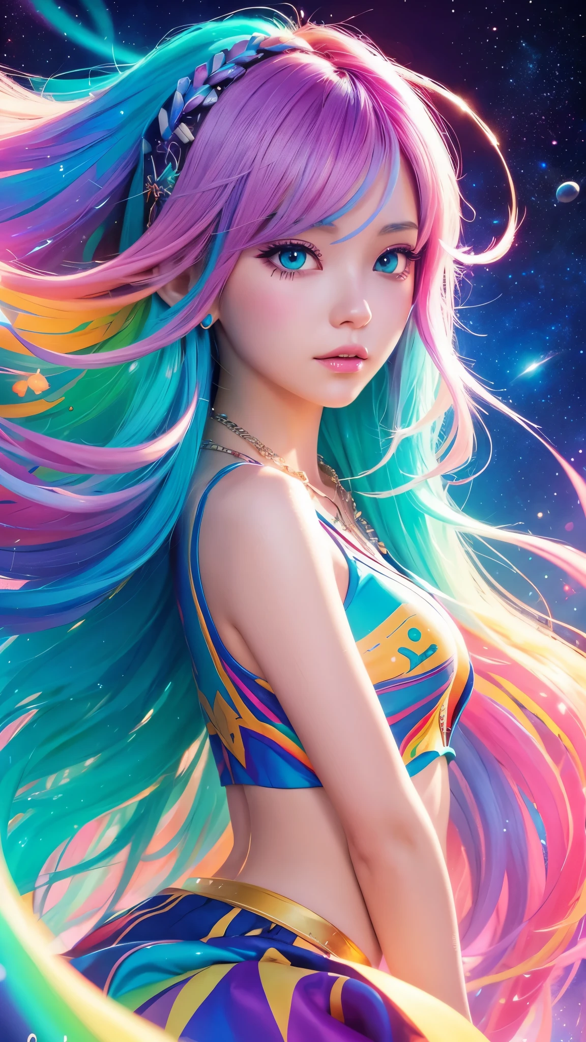 a close up of a woman with colorful hair and a necklace, Space-like hair anime, rossdraws pastel vivid, artwork in the style of Gwaiz, Fantasy art style, colorful]”, Vivid fantasy style, rossdraws cartoon vibrant, cosmic and colorful, Gwaiz, colorfull digital fantasy art, Great art style, Beautiful anime style