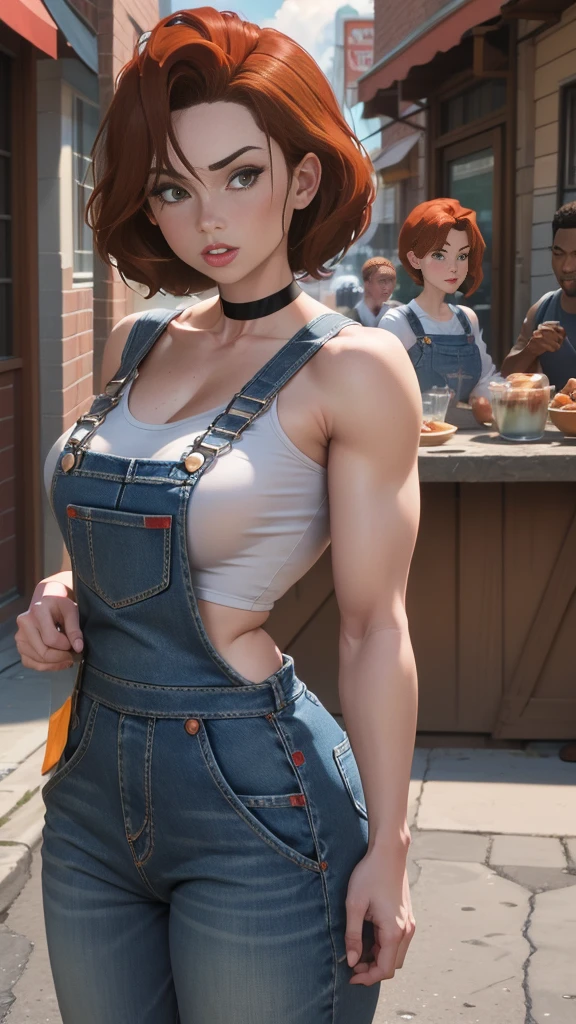 Annie Hughes. caucasian. wearing blue denim overalls. freckled_redhead. cheekbones. short_hair. chestnut. green_eyes. drinking a glass of milk. on the street. pale_skin. milf. mature. bimbo_lips. huge_hips. thick_thighs. choker. short_white_shirt. denim_blue_overalls. whole_body. muscular_black_man next to Helen Parr.